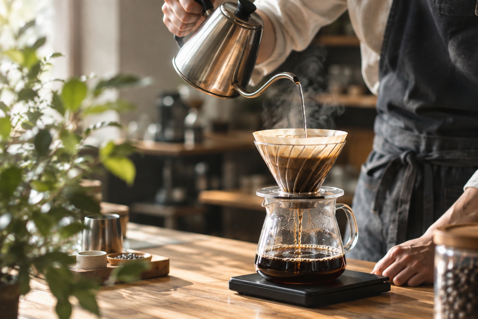 バリスタがドリップコーヒーを淹れている様子