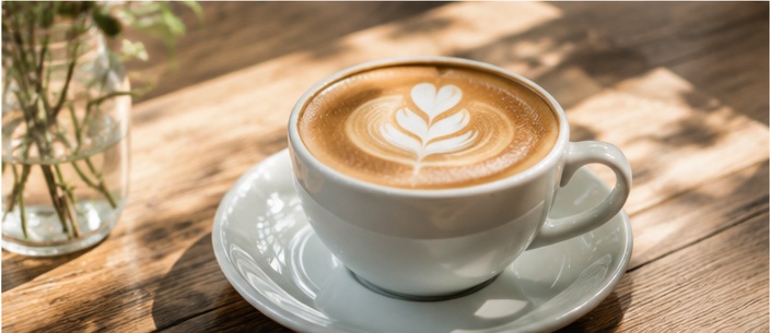 木のテーブルに置かれたラテアートのコーヒー