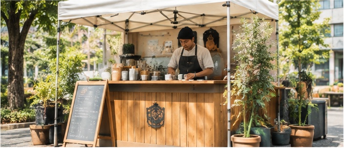 屋外のコーヒーショップのポップアップ出店